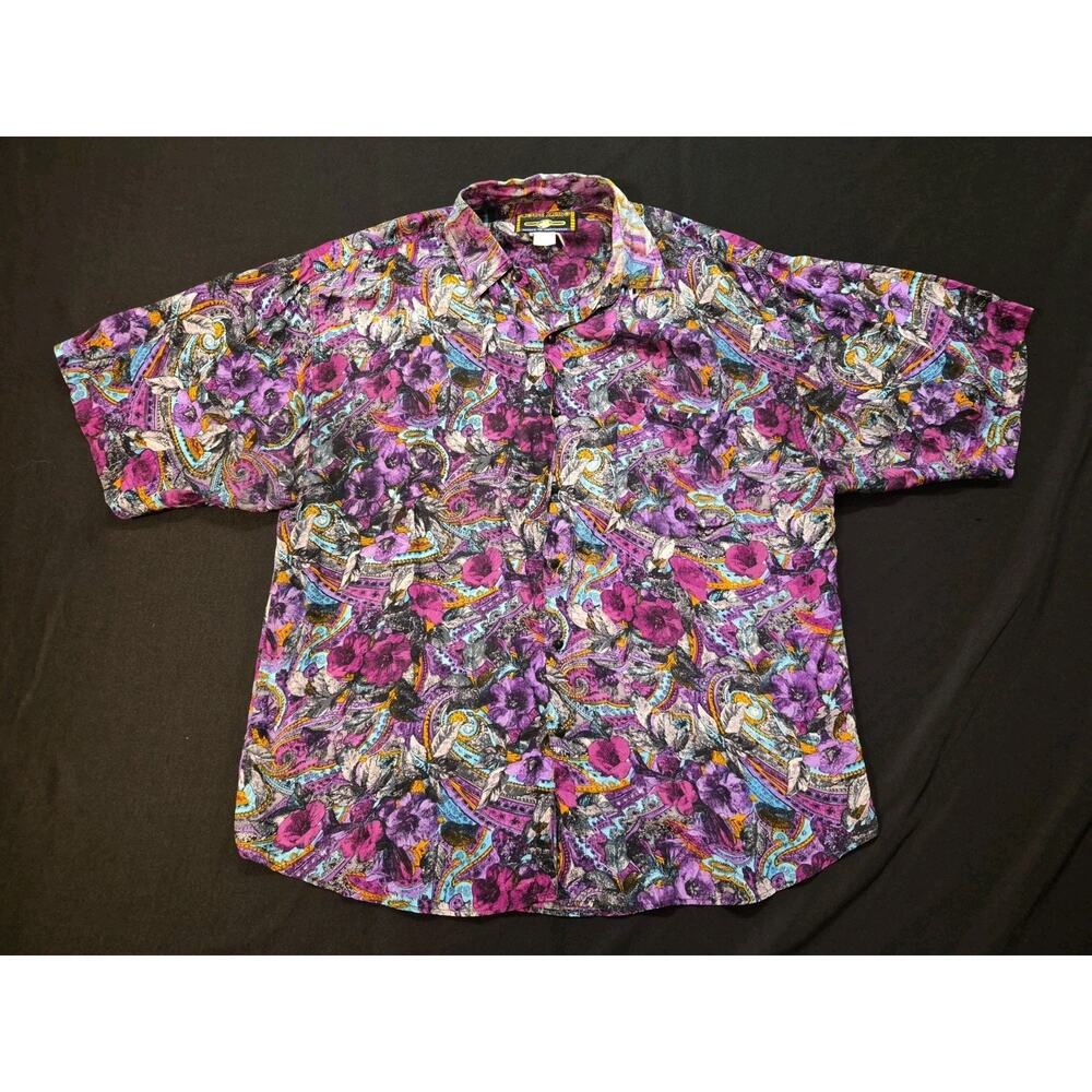 Vintage Mens Code Zero XXL Purple Paisley Floral Silk Shirt